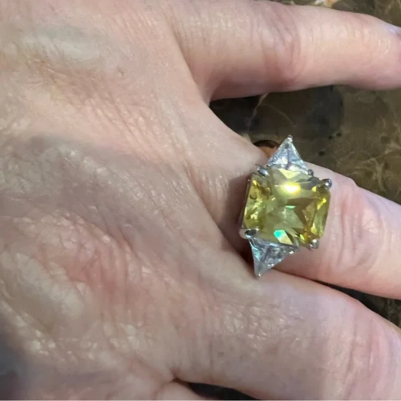 Yellow Sapphire Ring w simulated Triangle diamonds 14k Gold Plated on Sterling - Picture 4 of 7